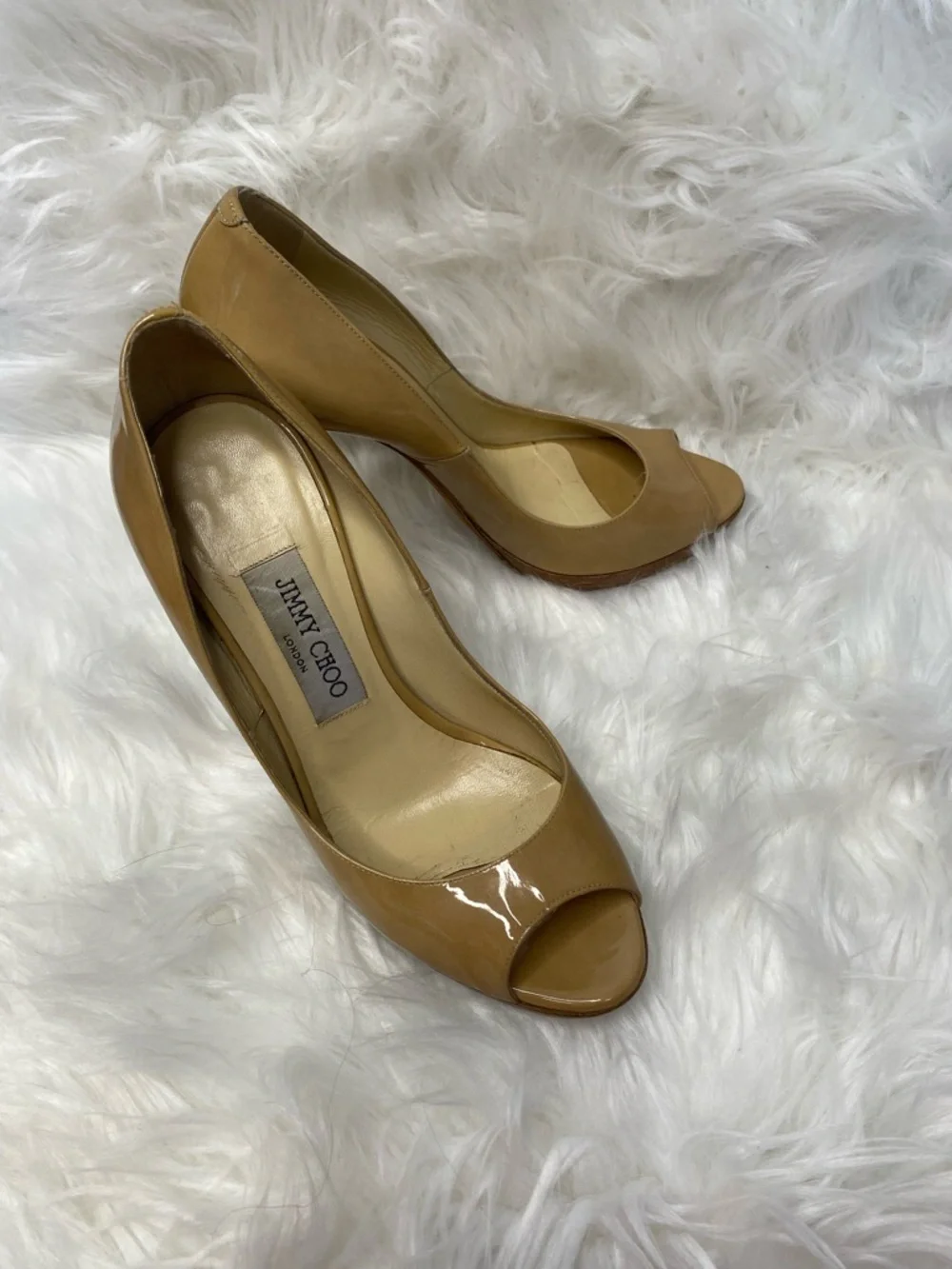Jimmy Choo Nude Patent Leather Peep-Toe Pumps with Wooden Heels. Authentic - Picture 9 of 17